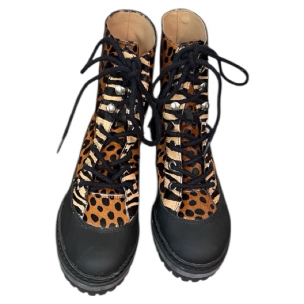 Schutz Magalda Animal Leopard Print Calf Hair Lace-Up Combat Boots Size 5 - Picture 5 of 8